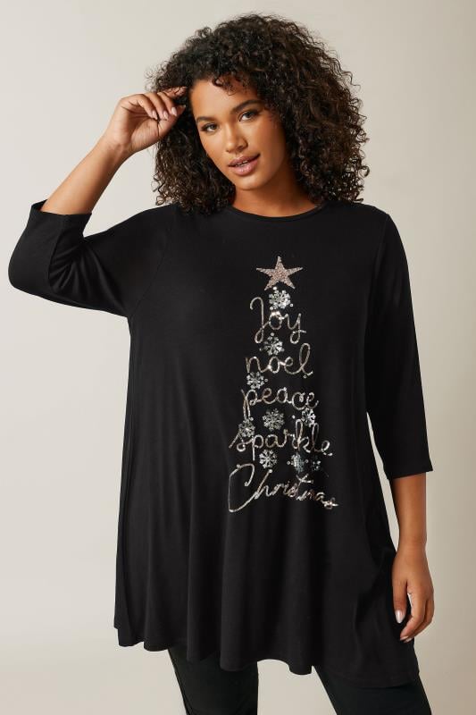 EVANS Plus Size Black Sequin Embellished Christmas Tree Top | Evans 2