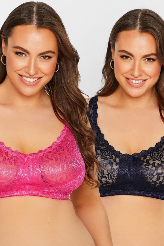 Plus Size  YOURS 2 PACK Hot Pink & Navy Blue Lace Non-Padded Non-Wired Bras