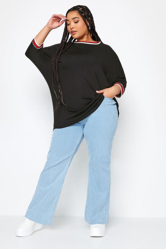 YOURS Plus Size Black Stripe Detail Batwing Sleeve T-Shirt | Yours Clothing 2