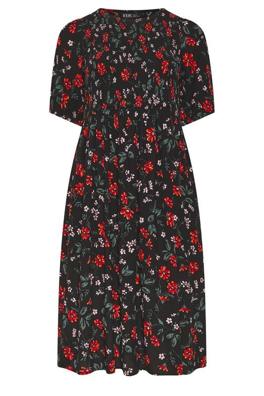 YOURS Plus Size Black Floral Puff Sleeve Shirred Dress  | Yours Clothing 5