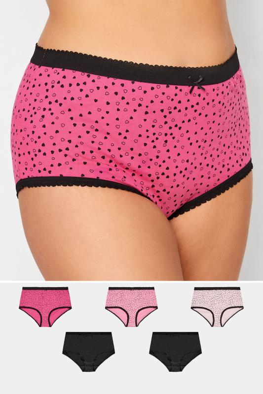 YOURS Plus Size Curve 5 PACK Hot Pink Heart Print Full Briefs | Yours Clothing  1
