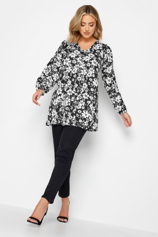 YOURS Plus Size Black Monochrome Floral Long Sleeve Swing Top | Yours Clothing 2