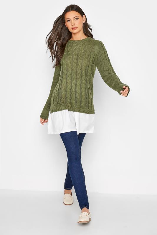 LTS Tall Khaki Green 2 In 1 Cable Knit Shirt Jumper_B.jpg