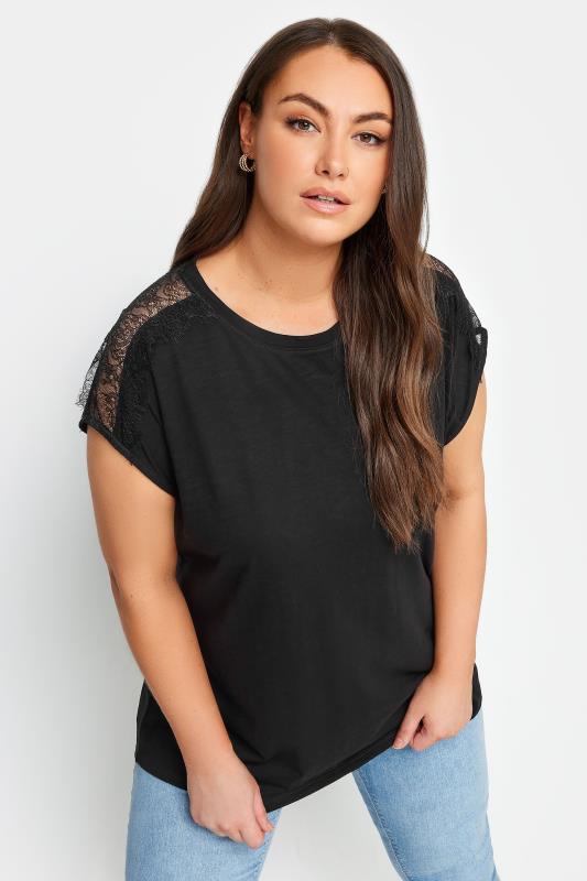 YOURS Plus Size Black Lace Shoulder T-Shirt | Yours Clothing 1