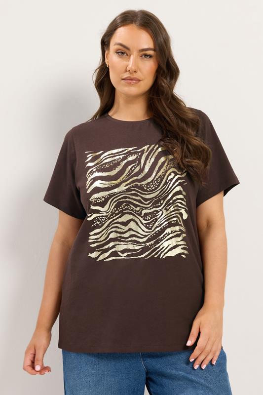 YOURS Plus Size Chocolate Brown Zebra Foil T-Shirt | Yours Clothing 1