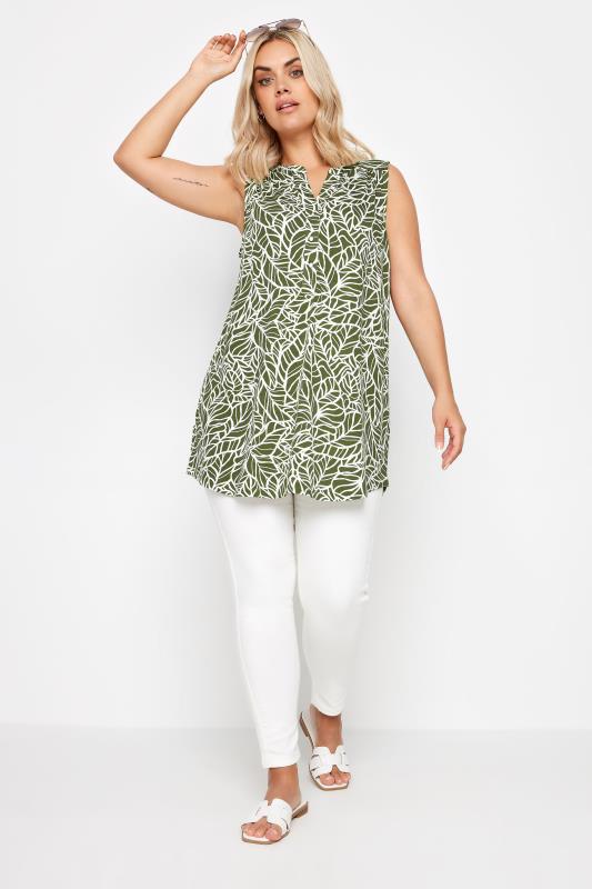YOURS Plus Size Khaki Green Leaf Print Sleeveless Blouse | Yours Clothing 2
