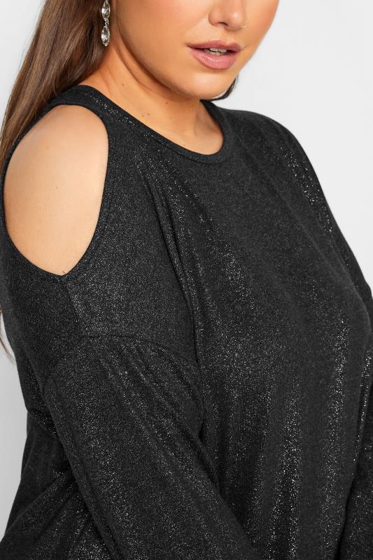 Curve Plus Size Black Glitter Long Sleeve Cold Shoulder Top | Yours Clothing 5
