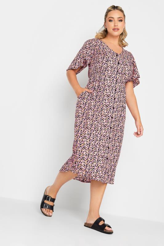 YOURS Plus Size Black & Pink Ditsy Print Tea Dress | Yours Clothing 2