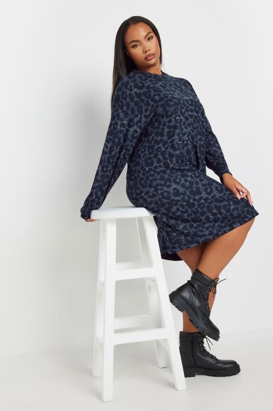 YOURS Plus Size Blue Leopard Print Soft Touch Jumper Dress | Yours Clothing 2