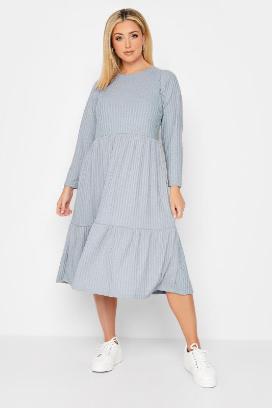 YOURS Plus Size Blue Ribbed Midi Dress | Yours Clothing 1