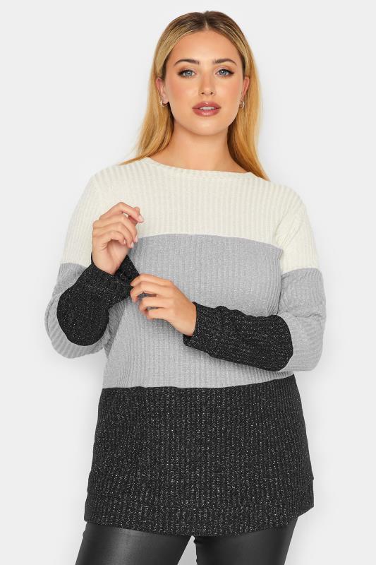 YOURS LUXURY Curve Grey Colour Block Soft Touch Metallic Jumper | Yours Clothing 2