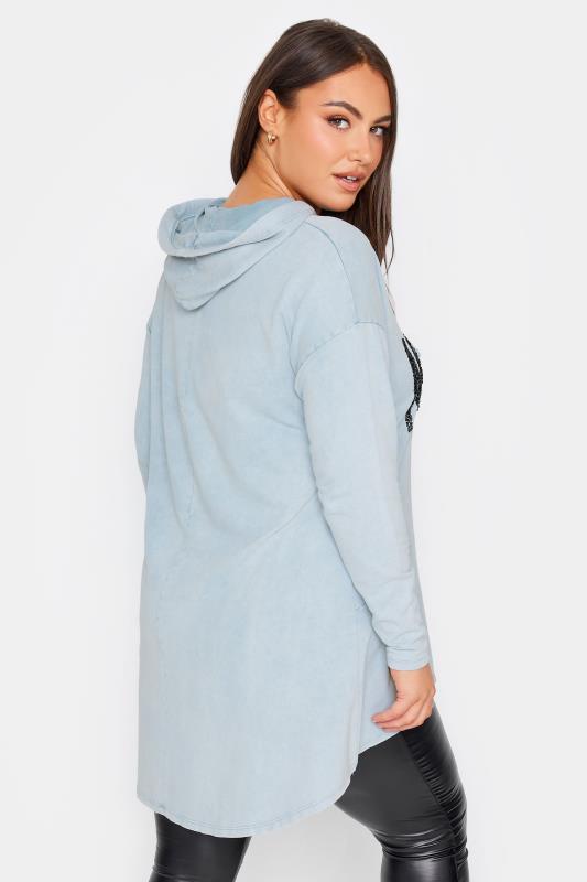 YOURS Plus Size Light Blue 'New York' Slogan Acid Wash Hoodie | Yours Clothing 3