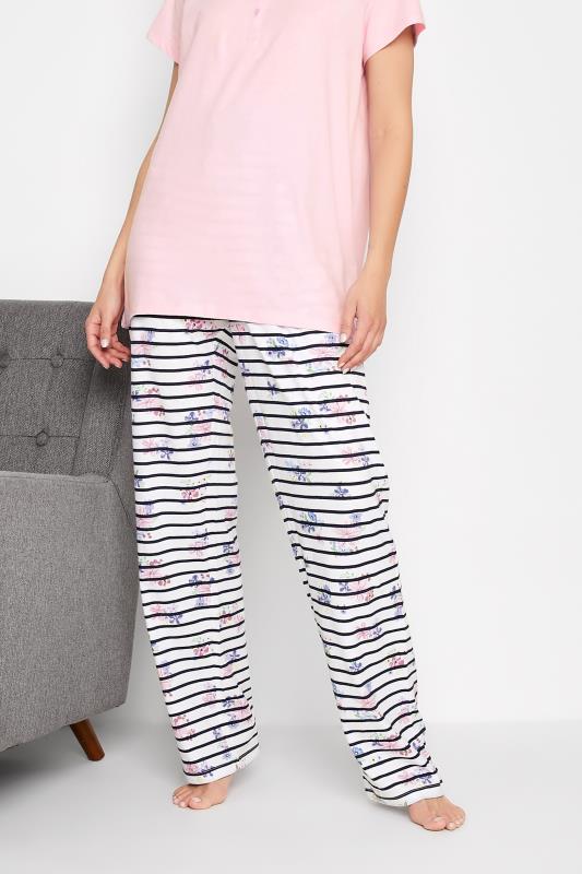 LTS Tall Women's White Floral Stripe Wide Leg Cotton Pyjama Bottoms | Long Tall Sally 1