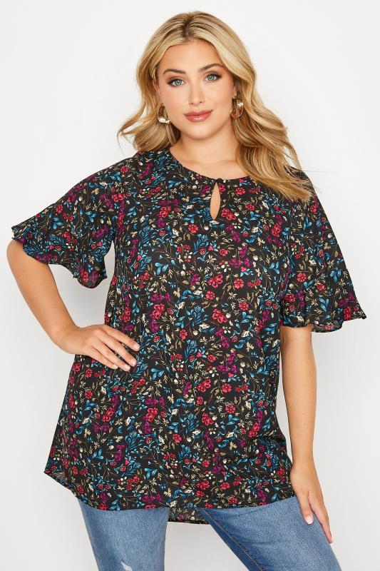 Plus Size Black Floral Frill Sleeve Keyhole Top | Yours Clothing 3
