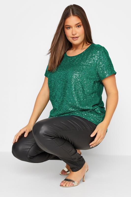 LTS Tall Emerald Green Sequin Embellished Boxy T-Shirt | Long Tall Sally 4