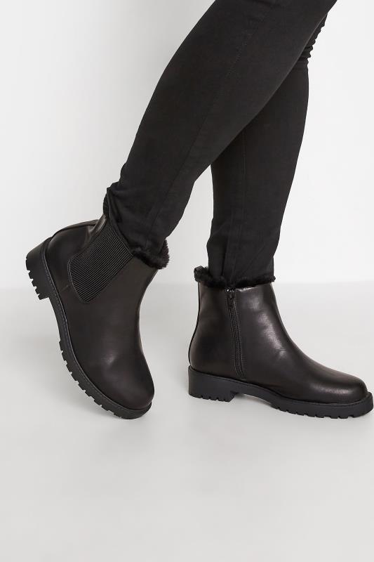 Plus Size  Black Faux Fur Chelsea Boots In Wide E Fit & Wide EEE Fit