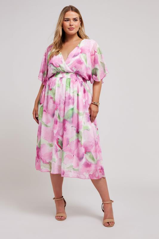 Plus Size  YOURS LONDON Curve Pink Floral Print Wrap Midi Dress