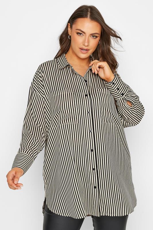 Plus Size Black & Cream Stripe Oversized Boyfriend Shirt | Yours Clothing 1