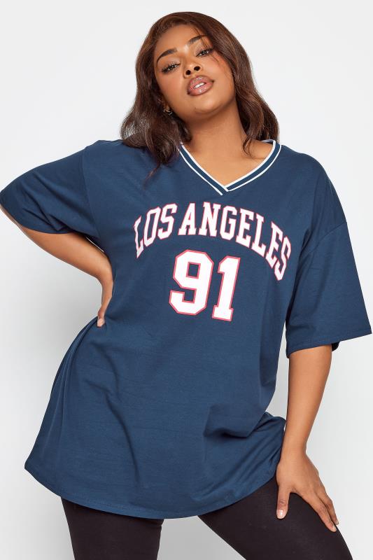 YOURS Plus Size Navy Blue 'Los Angeles' Slogan T-Shirt | Yours Clothing
