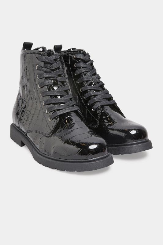 Black Patent Croc Chunky Lace Up Boots In Extra Wide EEE Fit 2