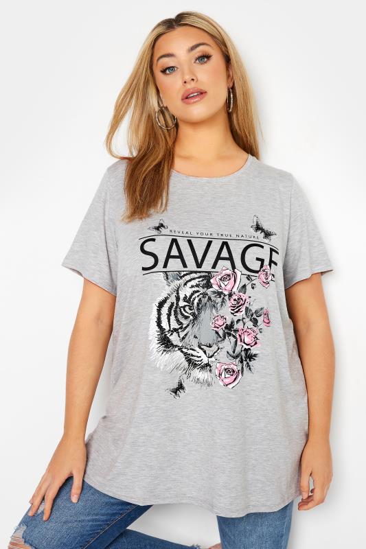 Großen Größen  Curve Grey 'Savage' Tiger Graphic Print T-Shirt