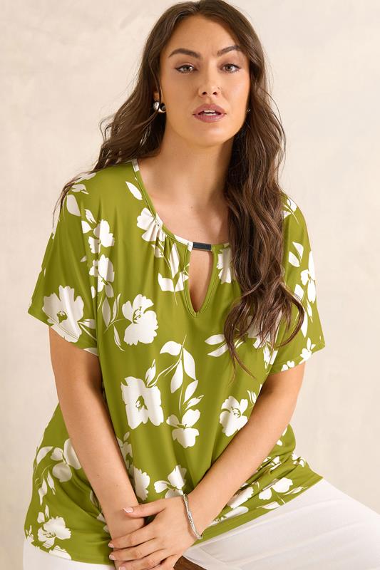  EVANS Curve Chartreuse Floral Print Bar Detail Top