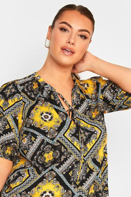 YOURS Plus Size Yellow & Black Paisley Tie Neck Blouse | Yours Clothing 4