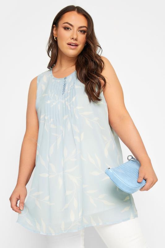  Grande Taille YOURS Curve Light Blue Floral Leaf Print Pintuck Sleeveless Blouse