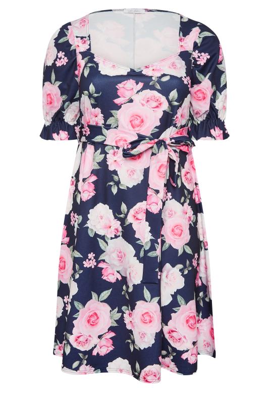 YOURS LONDON Curve Navy Blue Floral Print Puff Sleeve Dress | Yours Clothing 6