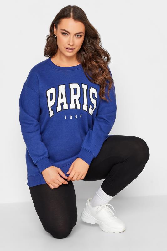 Curve Plus Size Cobalt Blue Drop Shoulder 'Paris' Slogan Sweatshirt | Yours Clothing 1