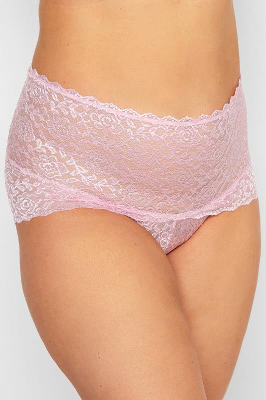 YOURS Curve Light Pink Hi Shine Lace Deep Waistband Full Briefs | Yours Clothing 1