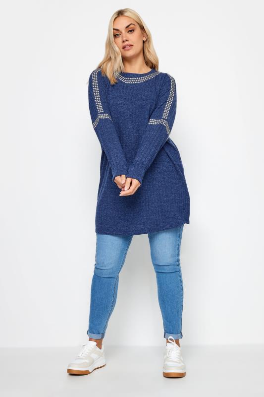 YOURS Plus Size Blue Stud Neckline Embellished Jumper | Yours Clothing 2