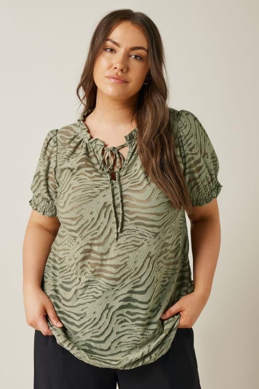 EVANS Plus Size Khaki Green Burnout Print Tie Neck Blouse | Evans 2