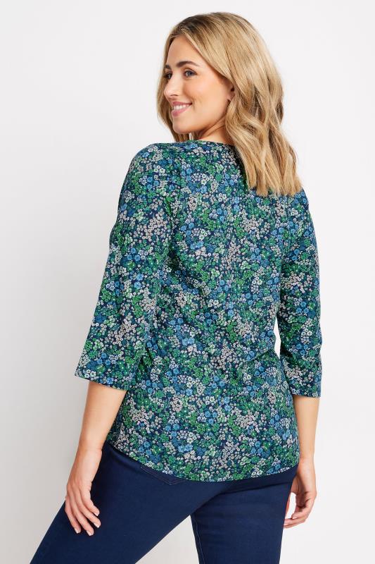 M&Co Dark Green Floral Print Cotton Henley Top | M&Co 3