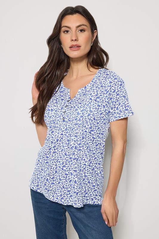 M&Co 2 PACK Navy Blue & White Floral Cotton Henley Tops | M&Co 1