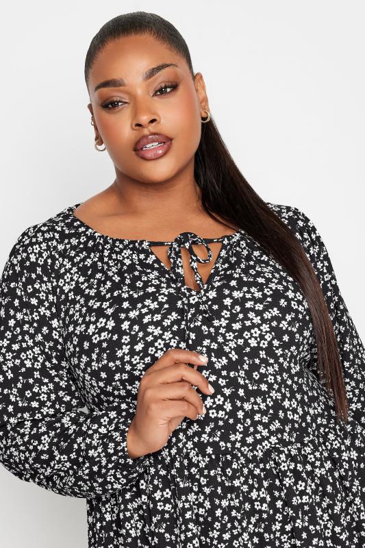 YOURS Plus Size Black Ditsy Floral Print Textured Mini Dress | Yours Clothing 4
