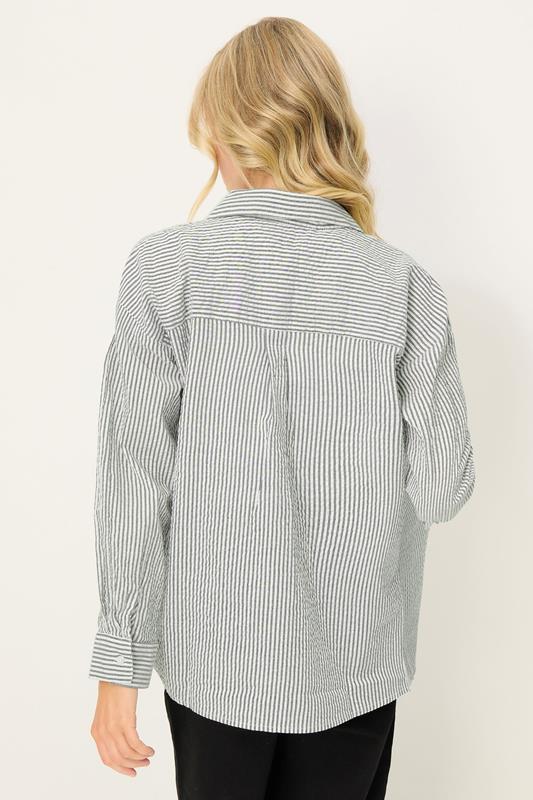 PixieGirl Petite Women's Grey Stripe Long Sleeve Shirt | PixieGirl 2