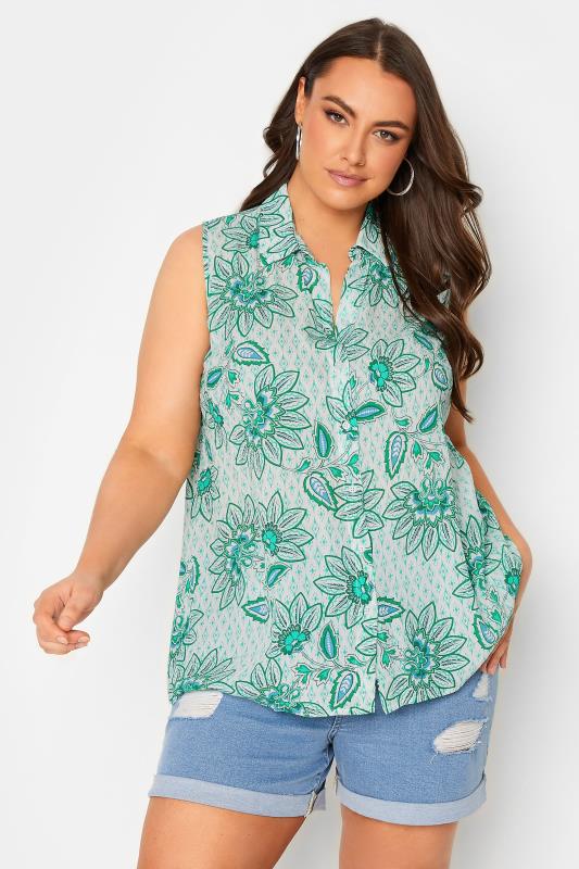 Plus Size  YOURS Curve White Floral Print Dipped Hem Sleeveless Blouse