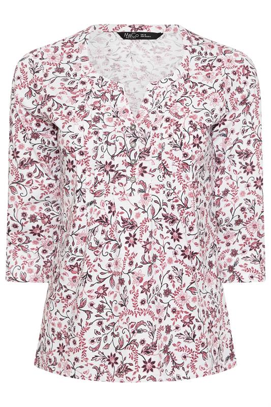 M&Co Petite Pink & White Floral Cotton Henley Top | M&Co 5