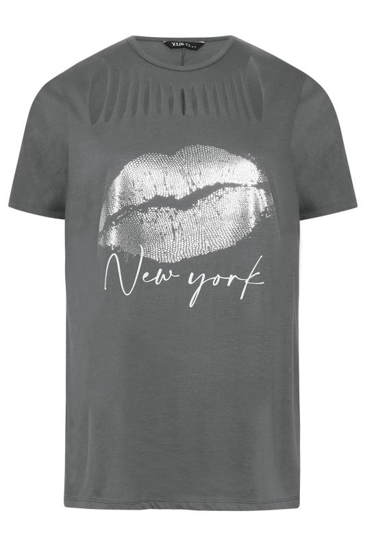 YOURS Curve Plus Size Charcoal Grey Lips Foil Print T-Shirt | Yours Clothing  6