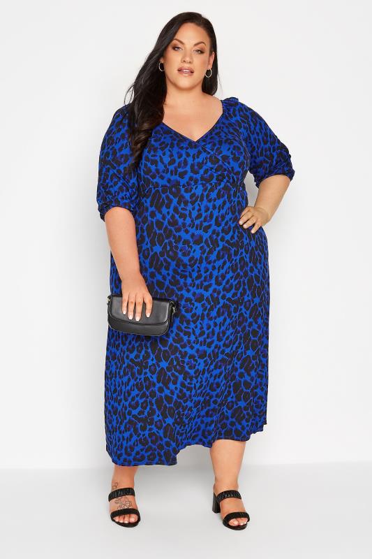 LIMITED COLLECTION Plus Size Navy Blue Leopard Print Wrap Milkmaid Dress | Yours Clothing 2