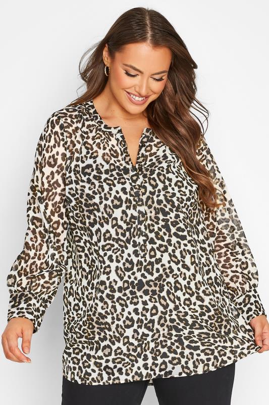 Plus Size  YOURS Curve Brown Animal Print Balloon Sleeve Shirt