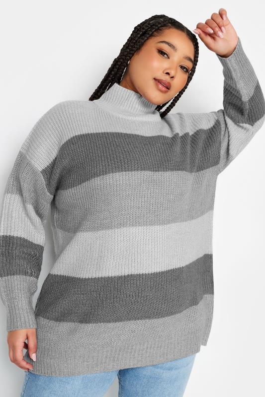 YOURS Plus Size Grey Stripe High Neck Knitted Jumper | Yours Clothing 3