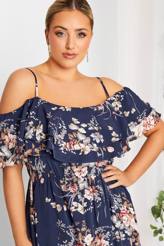 Plus Size YOURS LONDON Curve Navy Blue Floral Ruffle Bardot Maxi Dress | Yours Clothing  4