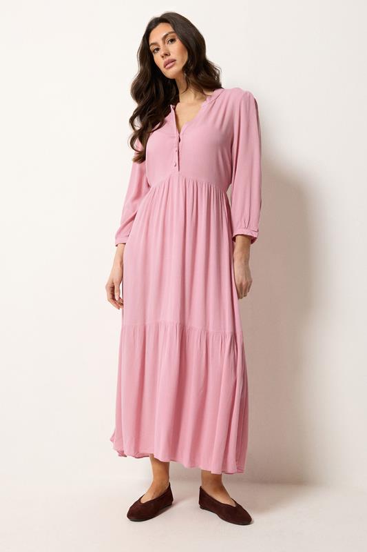 M&Co Pink Tiered Half Placket Maxi Dress | M&Co 1