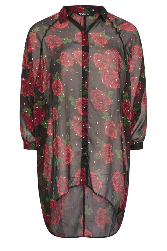 YOURS Curve Black Rose Print Dipped Back Shirt | Yours Clothing 7