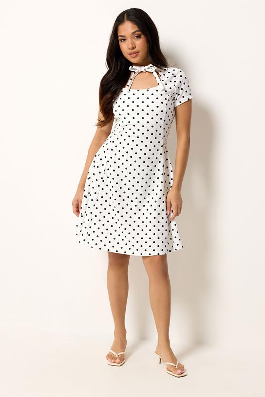 PixieGirl Petite Women's White Polka Dot Tie Detail Mini Dress | PixieGirl 1