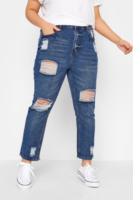 Plus Size  Curve Blue Ripped MOM Jeans