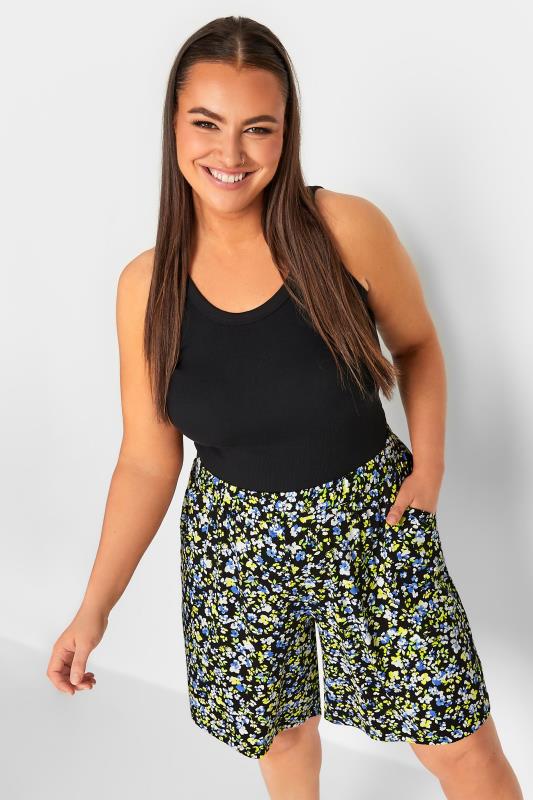 YOURS Plus Size Black & Blue Floral Print Pull On Shorts | Yours Clothing 1