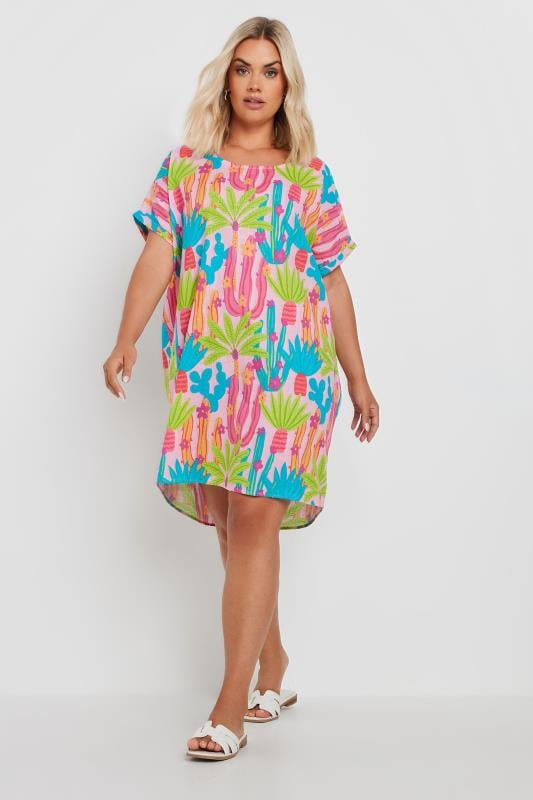 YOURS Plus Size Pink Cactus Print Tunic Dress | Yours Clothing 2